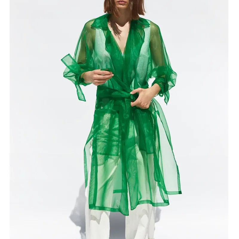 Шикарный женский зеленый Тренч из органзы, уличная одежда, Осенний женский длинный стильный прозрачный Тренч, летняя Солнцезащитная одежда