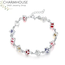 Pure 925 Silver Bracelets for Women 8mm Colorful Cubic Zirconia Link Chain Bracelet & Bangles Wristband Pulseira Jewelry Gifts heyrock heavy sturdy double layer motorcycle chain bracelets cool biker men colorful painted titanium steel link bangles
