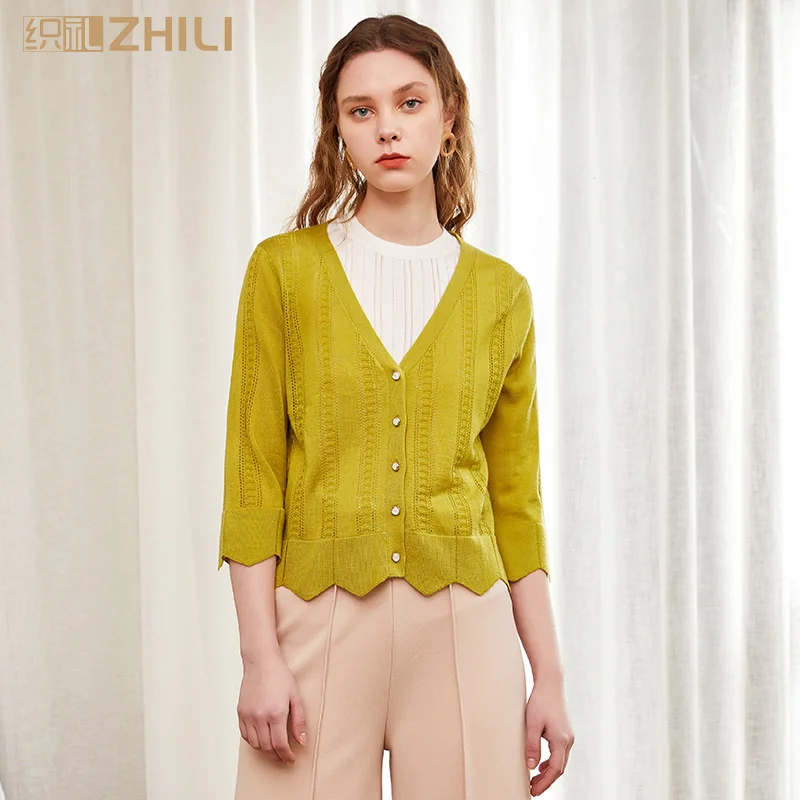 

ZHILI Spring 2019 Open Front V-Neck Lace Hem Cardigan (S-4XL)