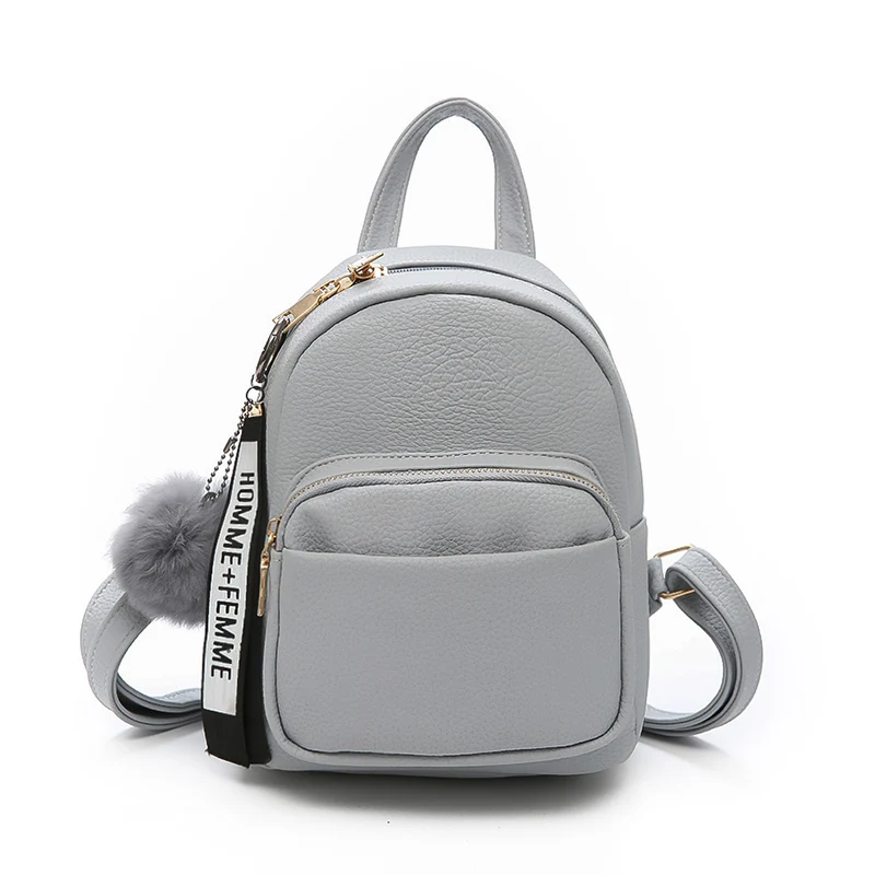 

2019 Fashion Lychee Pattern Women Mini Bag Hair Ball Pendant Wild Color Pu Soft Leather Girls Leisure Travel Backpack