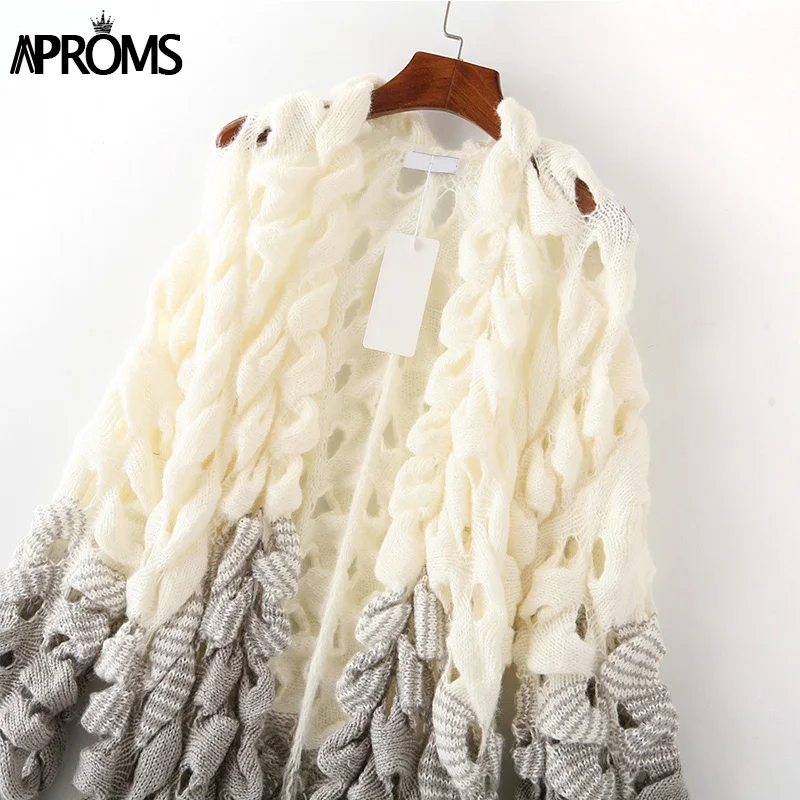 Aproms белый серый лоскутный вязаный кардиган для женщин элегантный выдалбливают с длинным рукавом Рождественский свитер зимняя модная верхняя одежда пальто