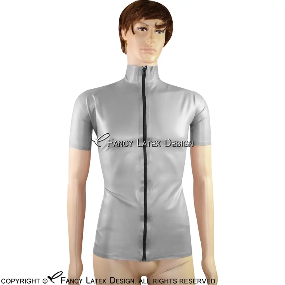 

Серебряный и черный накладки на руку сексуальный латексный жакет с короткими рукавами на молнии спереди резиновая верхняя одежда размера плюс YF-0053