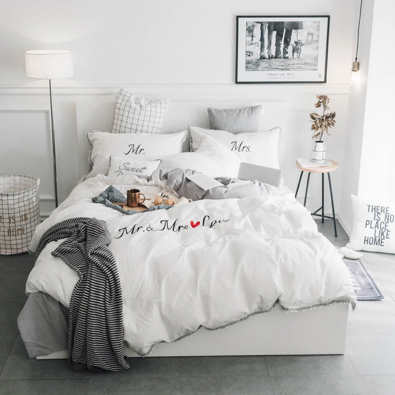 

White Grey Pink 100%Cotton Embroidery Bedding Set Twin Queen King size Duvet Cover Pillowcase Soft Bedclothes36