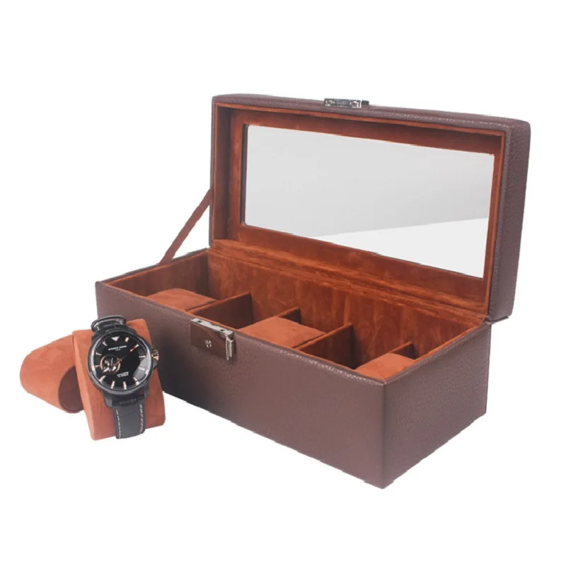 

5-slot fashion luxury PU leather high-grade watch box open window brown brand watch display box gift box