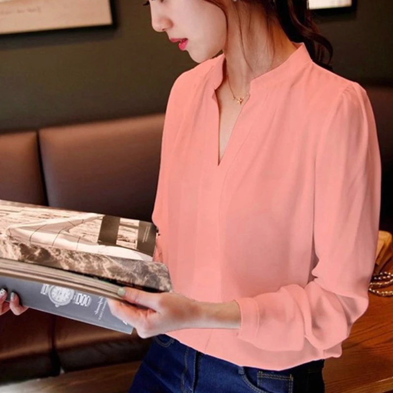 Женская шифоновая блузка с длинным рукавом Офисная рубашка розового белого