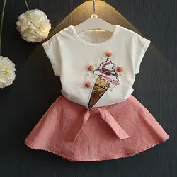 2019 Новая летняя футболка для девочек + юбка, комплект из двух предметов, Детские Топы + рубашки, детская одежда для 2-6 лет