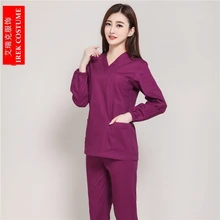 Новые женские медицинские наборы для скраба, медсестры, больничные униформы, стоматологическая клиника, салон красоты, длинный рукав, v-образный вырез, домашнее животное, больничная Рабочая одежда