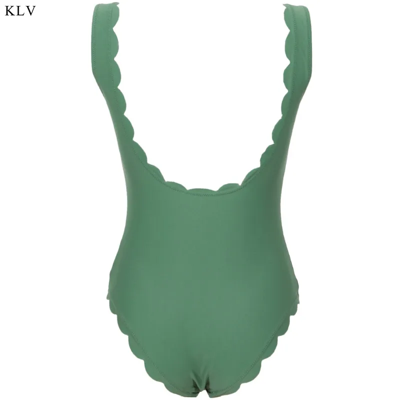 

KLV Women Sexy One-piece Swimsuit Bikini Monokini Push Up Scalloped Trim Beach Solid