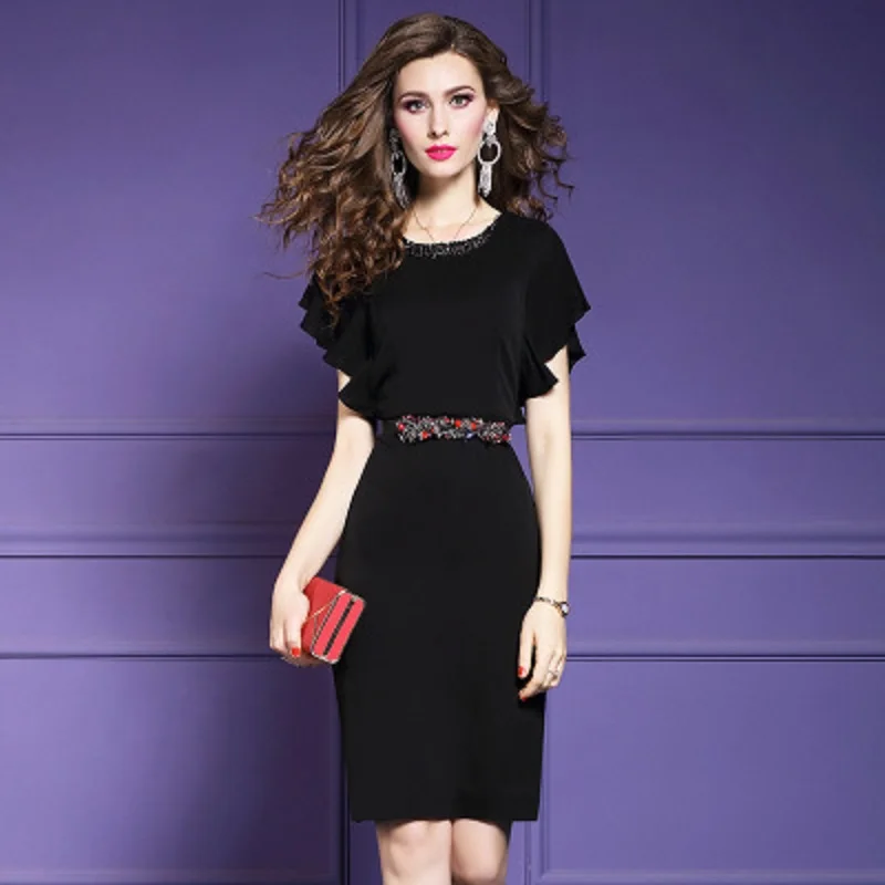 

2019 new Runway Designer beading Solid O-Neck dress 3xl office ladies Pencil Women Plus Size Vintage Package hip summer dresses