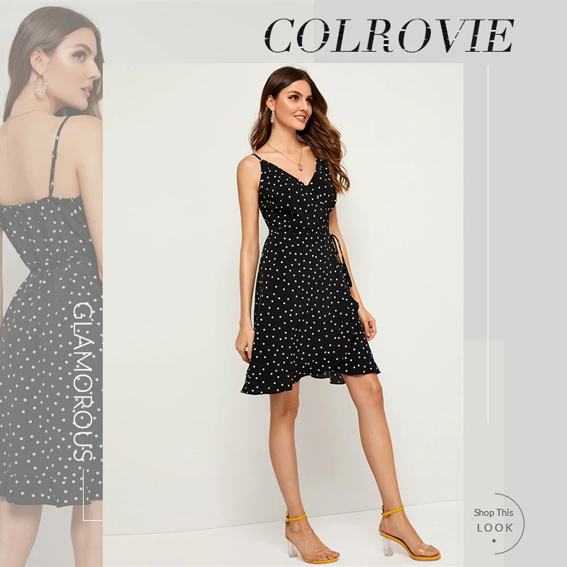 COLROVIE черно-белое платье в горошек на бретельках Boho, женское платье, летнее платье с высокой талией без рукавов, праздничное Повседневное платье миди