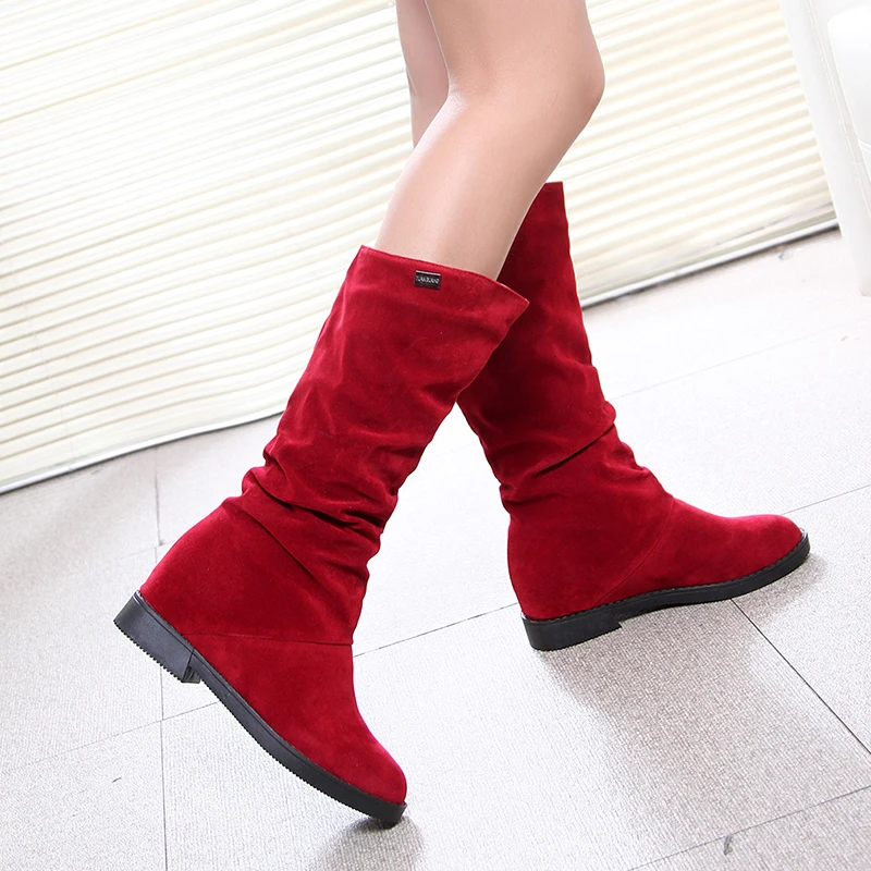 Autumn Winter Women's Boots Matte Flock Boots For Female Ladies Height Increased Low Heel Shoes Woman Mid Calf High Boots