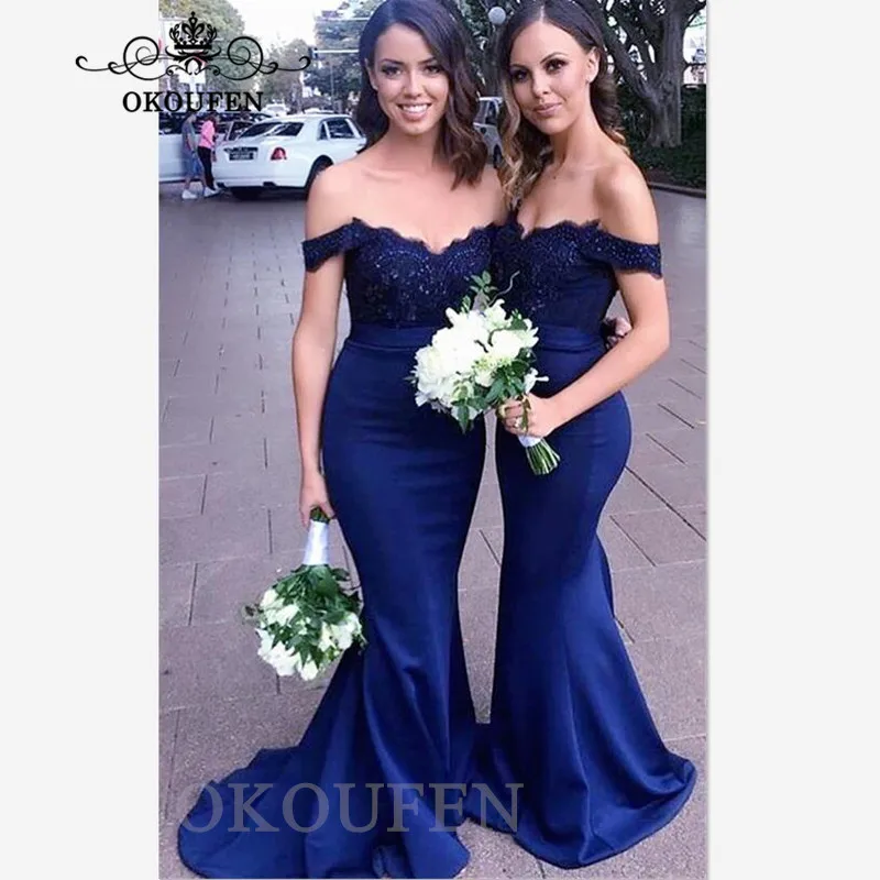 

Royal Blue Off Shoulder Bridesmaid Dresses For Women 2019 Lace Top and Satin Skirt Long Mermaid Maid Of Honor Dress Party Gown