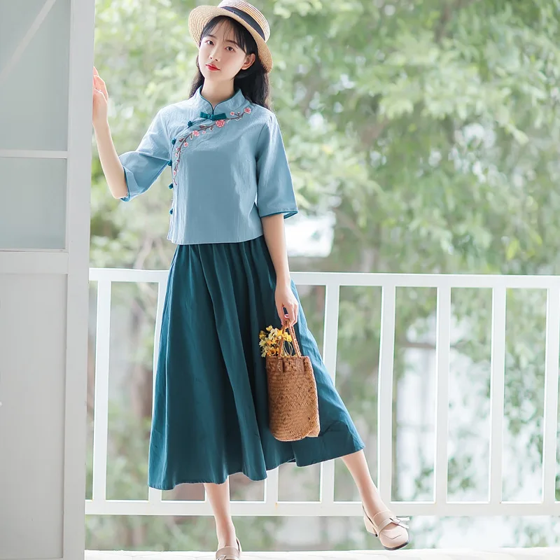 Женский костюм с вышивкой Hanfu из хлопка и льна юбкой лето 2019| |