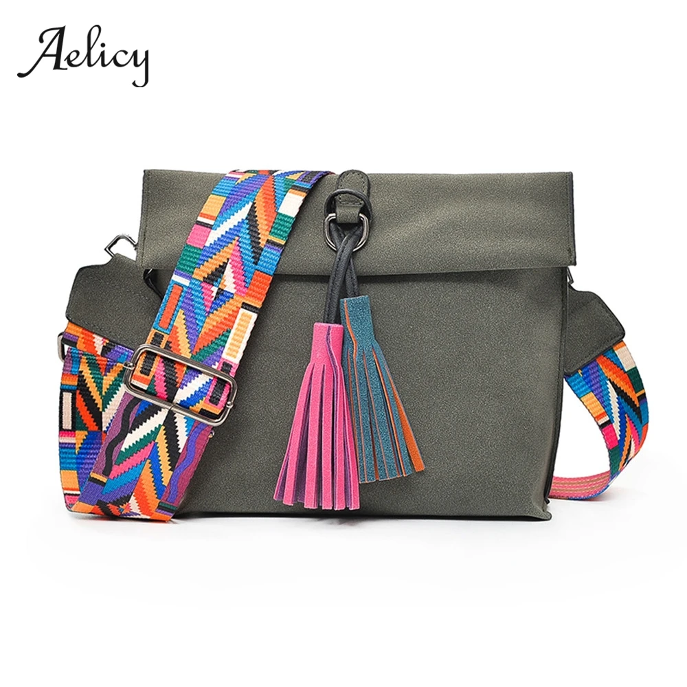 

Aelicy Women Scrub Leather Design Crossbody Bag Girls With Tassel Colorful Strap Shoulder Bag Female Small Flap Handbags 2019