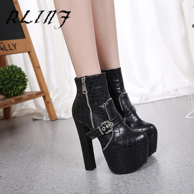 Nuevo Mujeres Botas Plataforma Tacón Con Cremallera 16 Hebilla Cm Cortas Negro Rlinf Grueso De Alto ZdqZB7