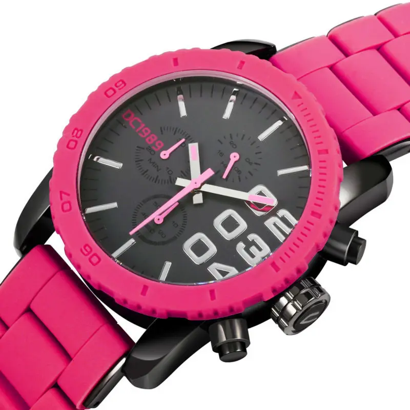 

DC1989 Women's Fashion Wrist Watches Fuchsia Japan Chronograph Movement Stainless Steel & Silicon Band Heavy Watch