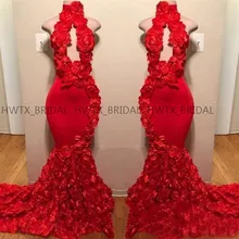 Красные Длинные платья выпускного вечера с высокой горловиной без рукавов Сексуальная Русалка развертки поезд Цветы АФРИКАНСКАЯ ДЕВУШКА Формальное вечернее платье de soiree