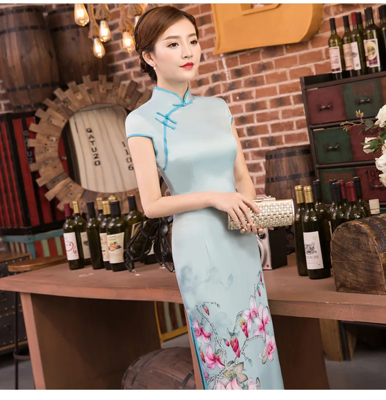Sheng Coco Китайский ветер длинное шелковое Qipao платье с цифровым принтом Qipao Cheongsam платья светло-голубые китайское винтажное вечернее платье