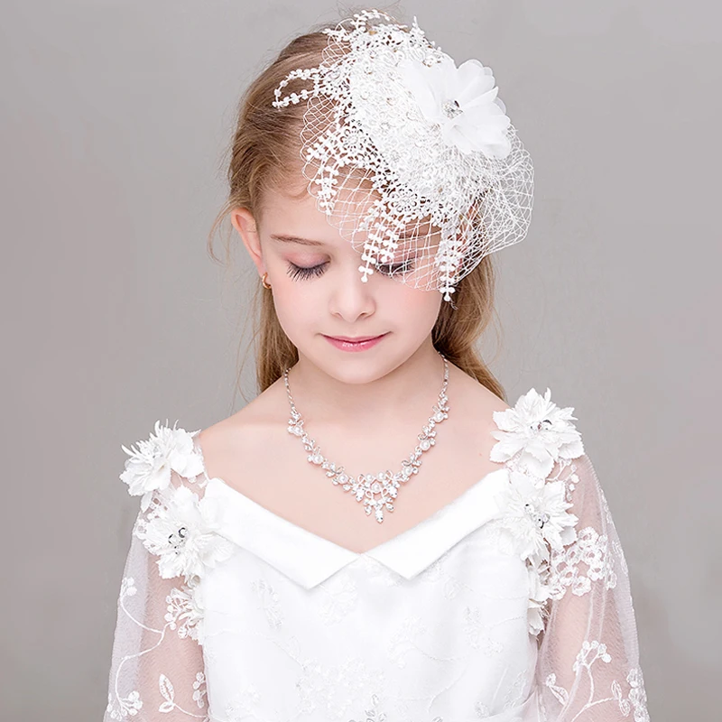 

Children Hat Wedding Baptism Communion Bridal/Flower Girls Short Head Veil Hat White Floral Headband Kids KT-VL006