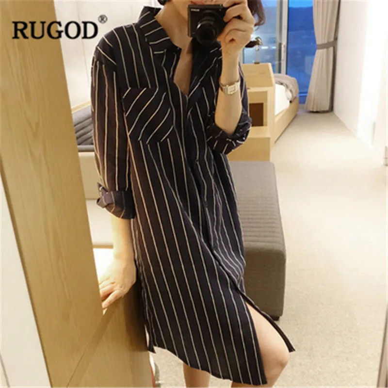 

RUGOD Turn-down colllar Stripe office ladies shirts Casual loose long blouse female Long sleeve spring shirts tops camisas mujer