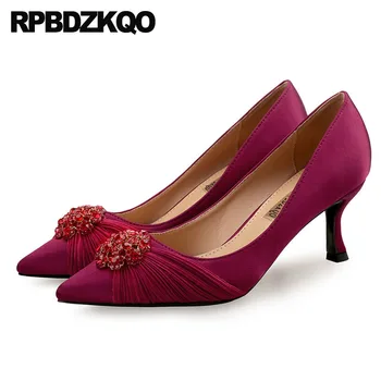 

size 4 34 thin rhinestone diamond ladies evening satin pointed toe female crystal high heels shoes wine red pumps silk 2019