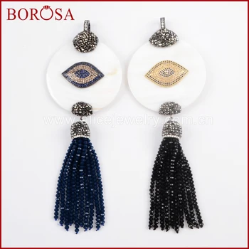 

BOROSA Handcrafted White Round Shell Pendants CZ Mirco Pave Eye with Rainbow Tassel Pendant for Necklace Druzy Jewelry JAB825