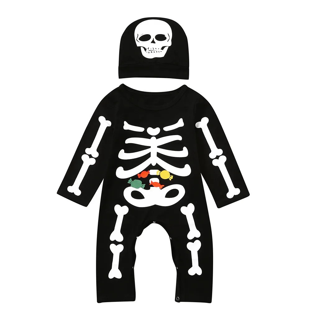 Детские ползунки костюм на Halloween для детей для новорожденных, для маленьких мальчиков и девочек на Хэллоуин с принтом перекрещенных костей комбинезон+ шапка; комплект одежды; Повседневная хлопковая одежда для мамы