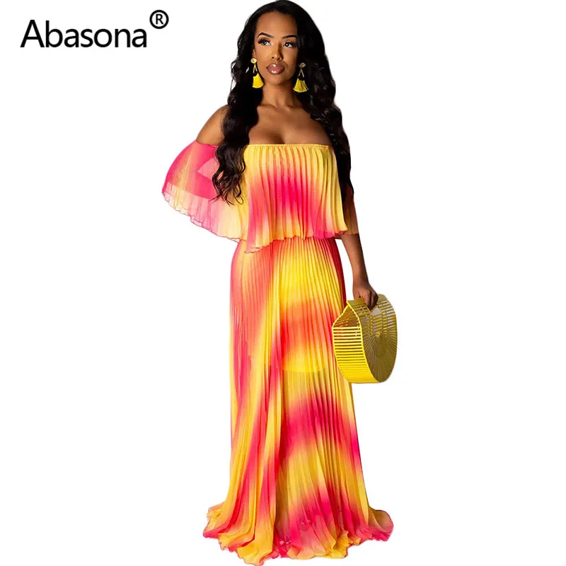 

Abasona Women Summer Ruffles Rainbow Off Shoulder Chiffon Dress Tie Dye Print Sexy Long Beach Dress Big Swing Maxi Party Dresses