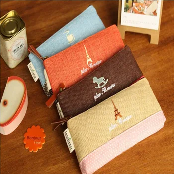 

2pc Cute Fabric Linen Paris Pencil Case Kawaii Cartoon Pink Trojan Pencil Bag for Girls School Stationery Free shipping