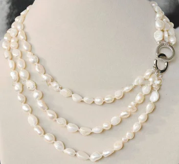 

NEW 3 Rows 8-9mm real baroque white freshwater pearl jewelry necklace 17-19''