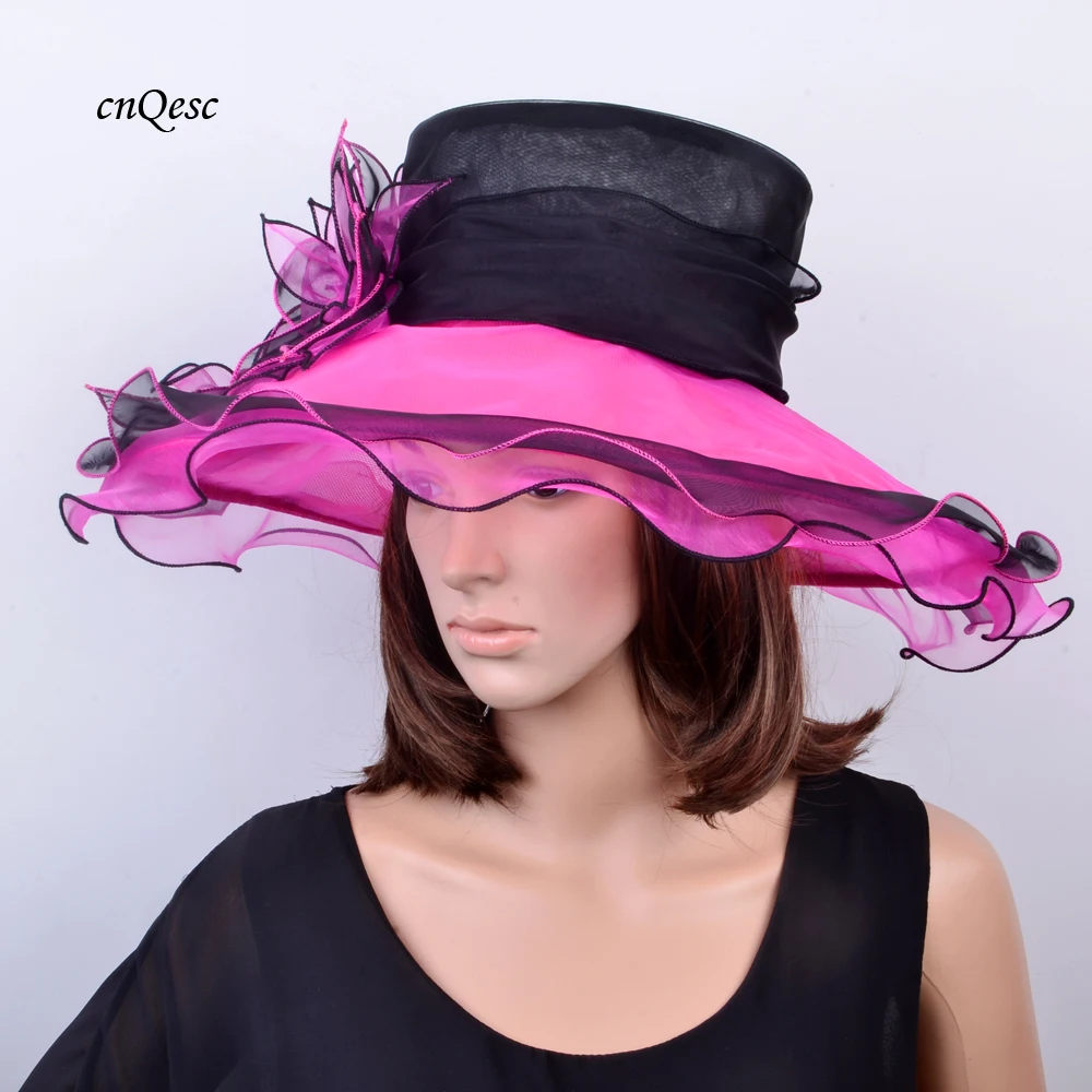 Hot pink black BIG Organza hat bridal fascinators Wedding Church Hat