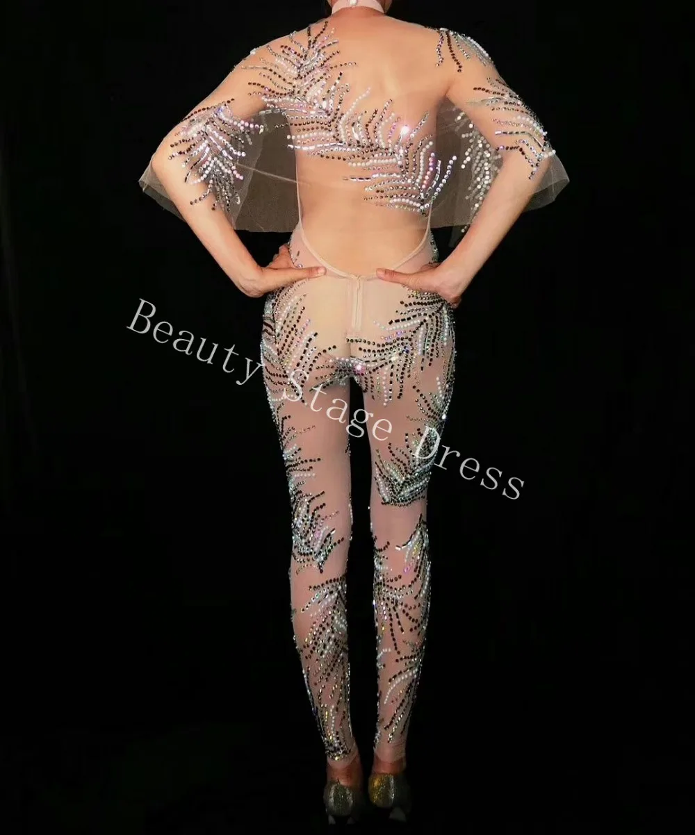 Стразы узор See Through Комбинезон Одежда из 1 предмета женские боди для певицы крючок для ночного клуба вечерние пикантные сетчатые леггинсы