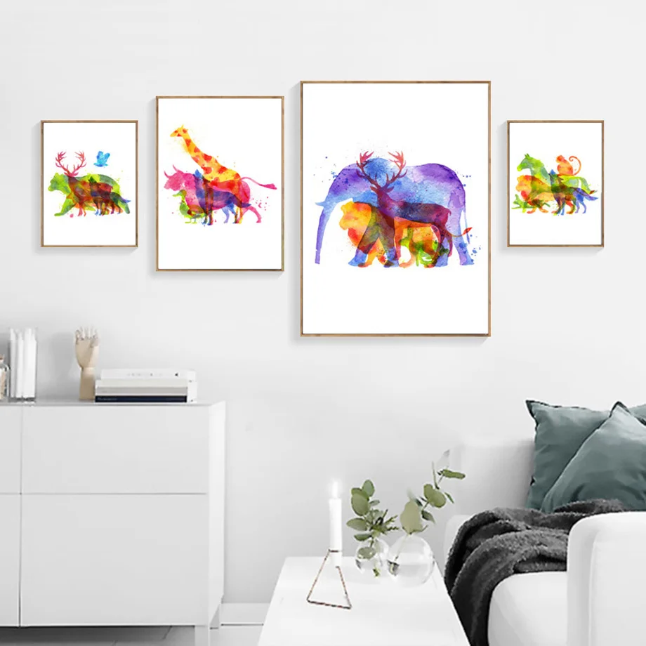 Nordic Watercolor Animal Wall Art Canvas Painting Posters Prints Giraffe Elephant Horse Lion Pictures For Living Room Decor | Дом и сад