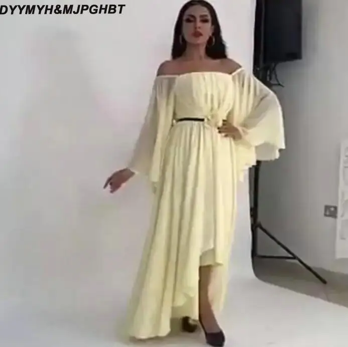 Bateau Hi-Lo Evening Dresses Off-Shoulder Long Flare Sleeves Waist Hand Made Flowers Sexy Backless Ruched Sweep Train Party Prom Gown1_