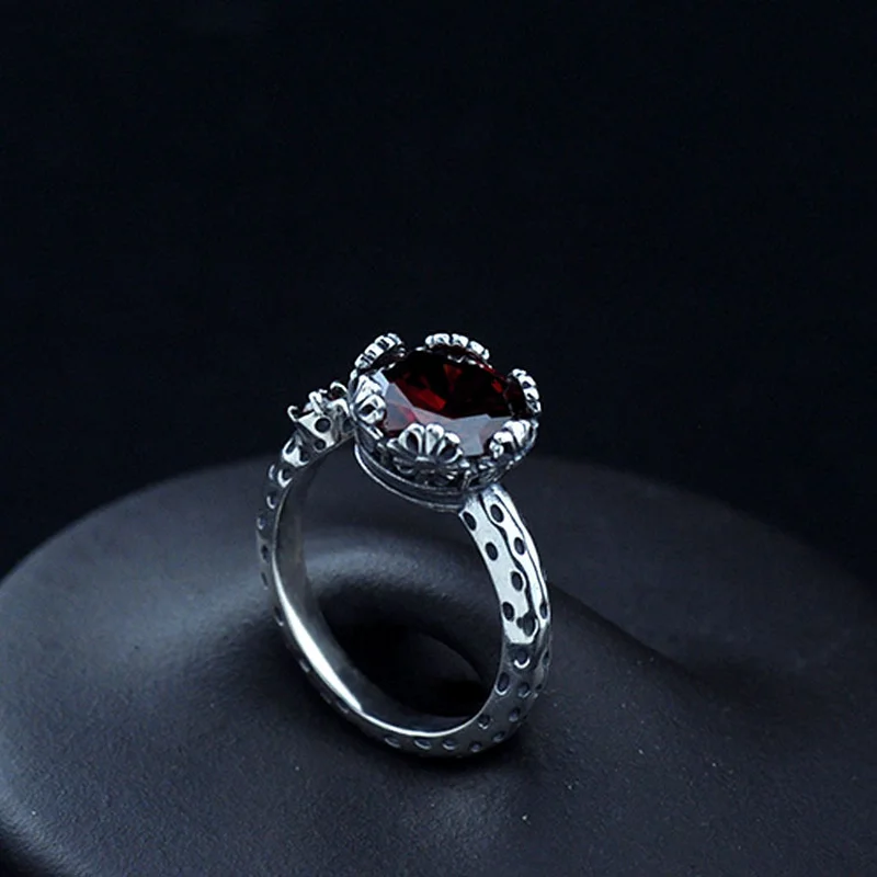 

S925 Pure Silver Crown Inlaid with Garnet Zircon Open Ring