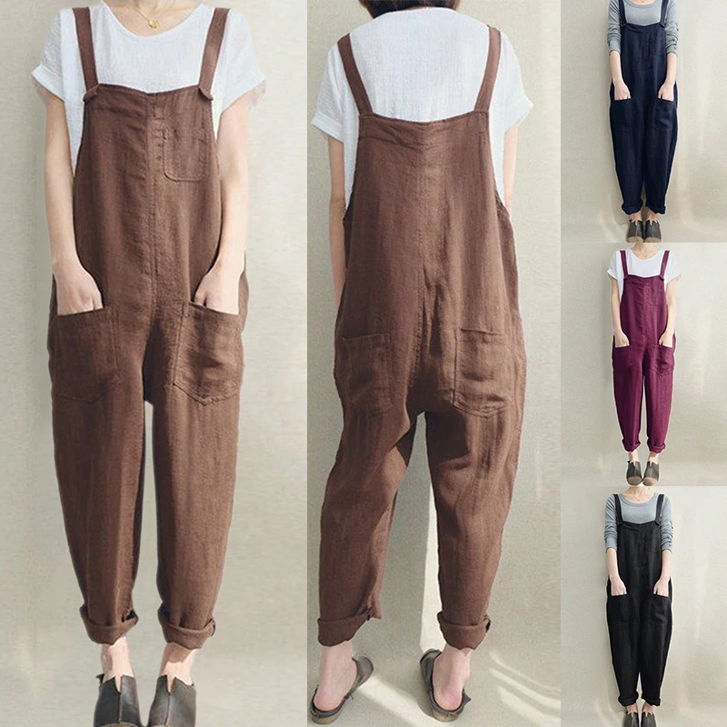 New Fashion Cotton Linen Jumpsuit Woman Causal Loose Long Trousers Women Strappy Harem Pants Romper Female Lady Baggy Pants
