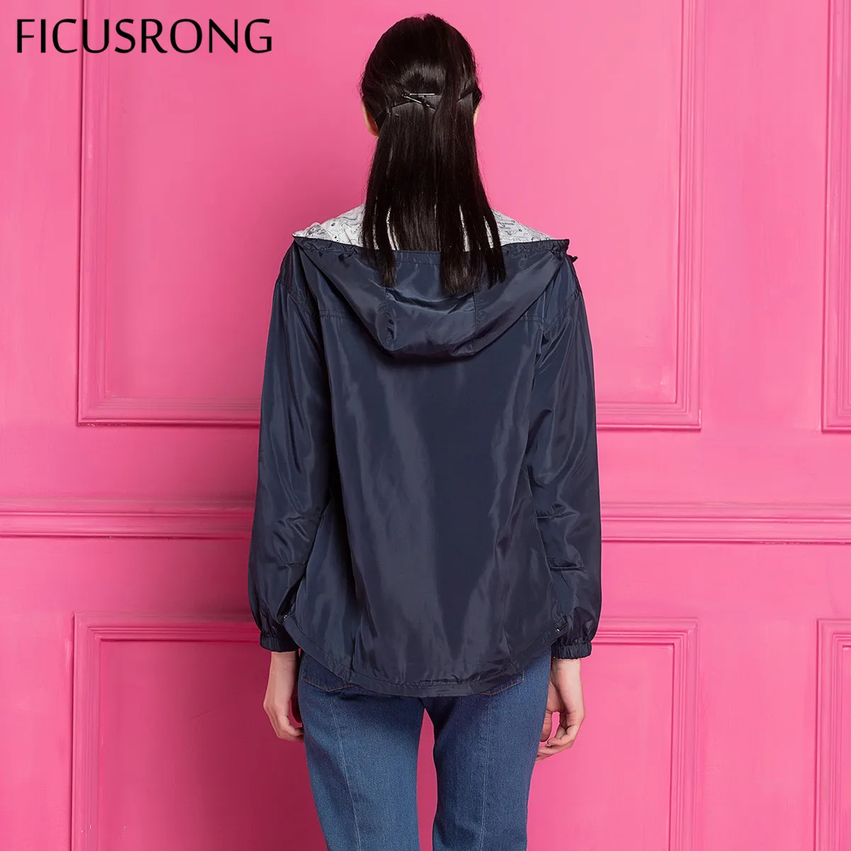 FICUSRONG 2018 New Autumn Women Bomber Basic Jacket Pocket Zipper Hooded Two Side Wear Cartoon Print Outwear Navy Loose Coat