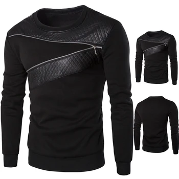 

Men's Sweatshirt 2018 PU Patchwork Knitted Plus Size 5XL O-Neck Full Sleeve Slim Sweatshirts Hoodies man's Cotton Sportwear