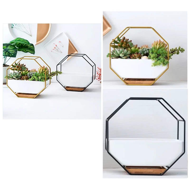 Minimalist Octagonal Geometric Wall Hanging Table Succulents Ceramic Flower Pot Bamboo Tray Iron Frame Set Crafts Gifts Black