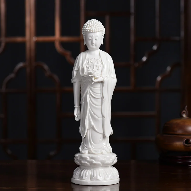 

Handmade Ceramic Sakyamuni Buddha Standing on Lotus Ornaments White Porcelain Buddha Figure Guardian Angel