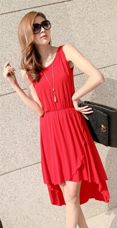 2013 Top Fashion Summer Korean Thin Lycra Cotton Irregular EU Dovetail Long Vest Red Girls Dress Free Shipping 1721341 | Женская одежда