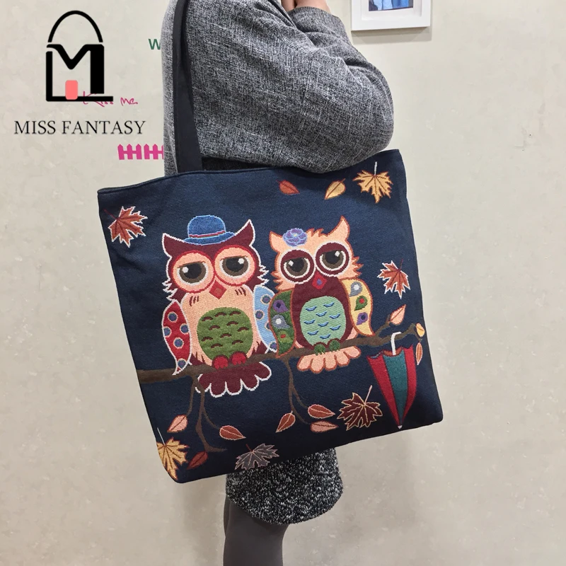  Women Bag Women's Canvas Handbag Fashion Owl Print Tote Lady Shopping Bag Big Travel Shoulder Bags 2017 Spring Holiday Beach Bag 