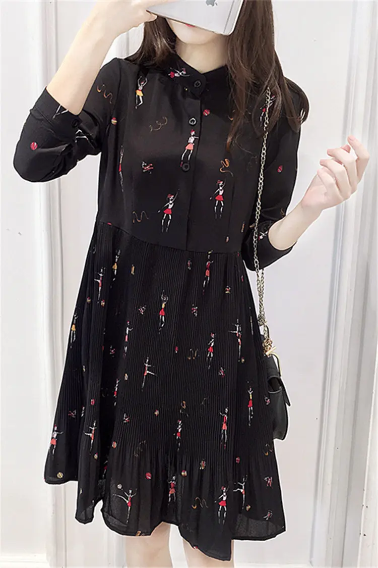 Newest Retro Shirt Dress Women 2019 Autumn Long Sleeve Women Dresses Casual Funny Print Dress Fashion O-Neck Pleated Vestidos Mujer  (6)