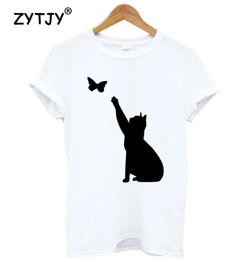Кошка ловит с принтом бабочки Для женщин футболка хлопок Повседневное забавная футболка для Леди Топ для девочек Футболка Hipster Прямая
