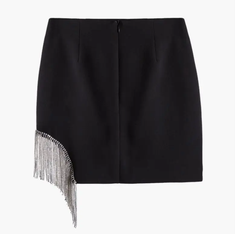 black skirt Тяжелая футболка с вырезом и кисточками из бисера, круглый вырез, стрейч с короткими рукавами, пуловер с блестками, панк, тонкая футболка, женские топы - Цвет: black skirt