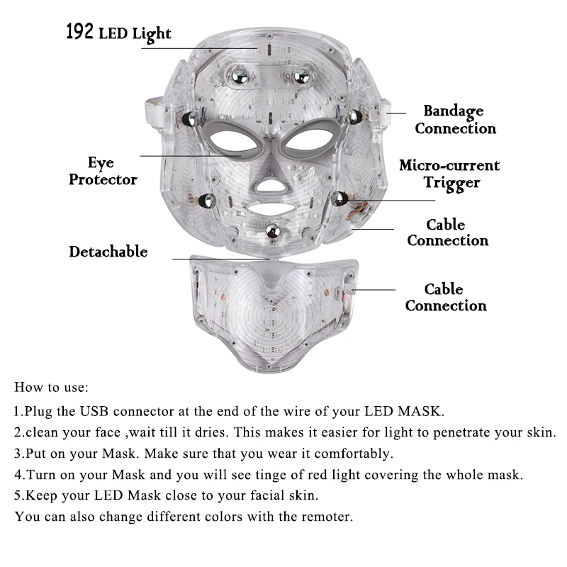 Корейская маска для лица, 7 цветов, светодиодный, для лица, омоложение кожи, маска для лица, лечение красоты, против акне, терапия, отбеливающий массажер