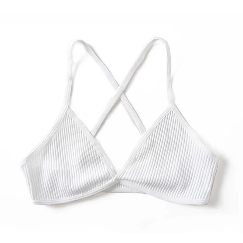 Unpadded Thin Bralette Bra Bras For Women Ribbed Bra Wireless Triangle Crisscross Back V Neck Bra Comfort Stretch Young Ladys - Color: White