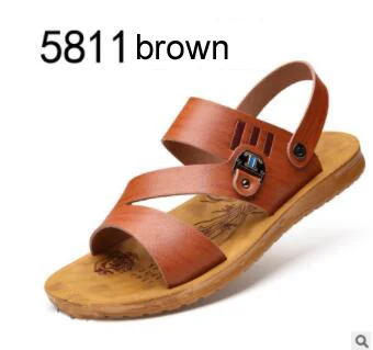 Сандалии кожаные мужские летние повседневные пляжные ботинки Роскошные шлепанцы Нескользящие тапочки для мужчин Высокое качество брендовые Дизайнерские мужские Тапочки - Цвет: 5811 brown