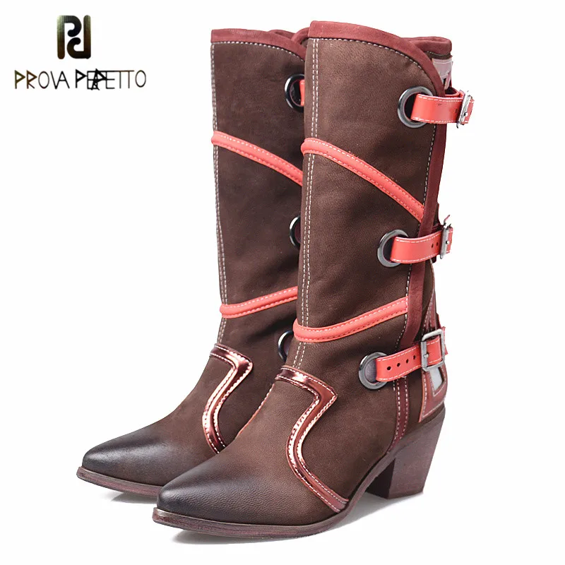 

Prova Perfetto British Style Mixed Color Point Toe Woman Martin Boot Buckle Real Leather Do Old Retro Design High Heel Mid Boots