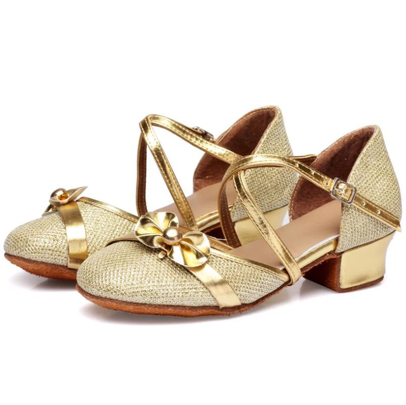 

Women Children Latin Dance Shoes Girls Latin Shoes Gold Low Heel Soft Sole Dance Shoes C44